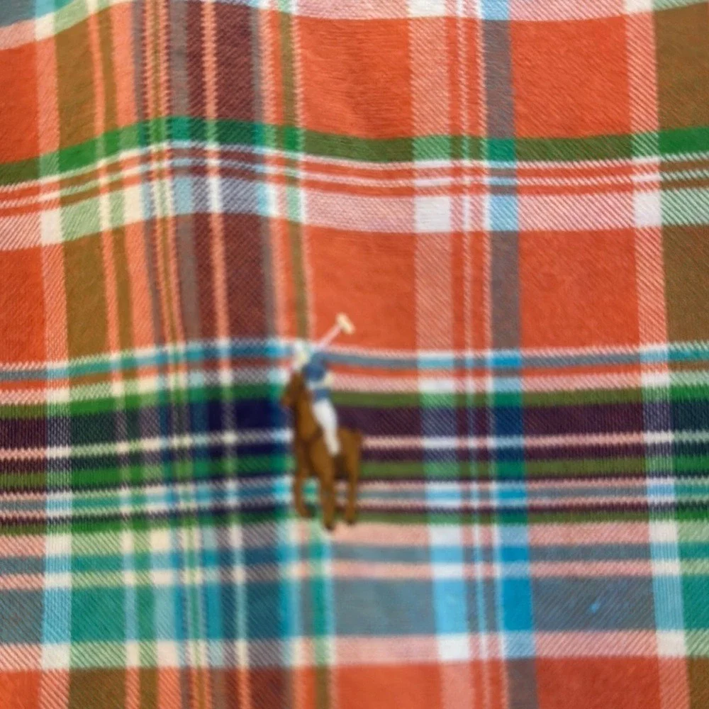 Polo Ralph Lauren Mens Orange Teal Plaid Button Down Shirt L‎ Cotton Long Sleeve